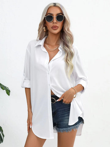 Unity Solid Button Front Roll Up Sleeve Curved Hem Shirt Unity Solid Button Front Roll Up Sleeve Curved Hem Shirt