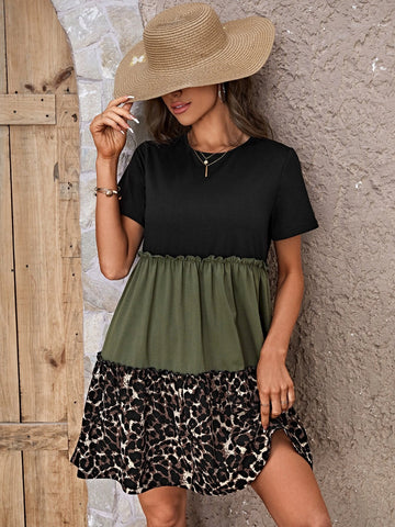 EMERY ROSE Leopard Print Colorblock Frill Trim Smock Dress EMERY ROSE Leopard Print Colorblock Frill Trim Smock Dress