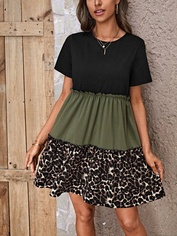 EMERY ROSE Leopard Print Colorblock Frill Trim Smock Dress EMERY ROSE Leopard Print Colorblock Frill Trim Smock Dress