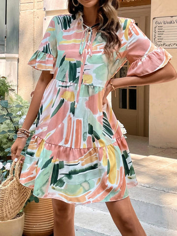 EMERY ROSE Brush Print Flounce Sleeve Ruffle Hem Smock Dress EMERY ROSE Brush Print Flounce Sleeve Ruffle Hem Smock Dress