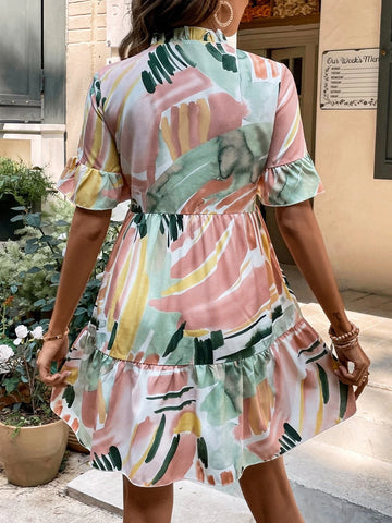 EMERY ROSE Brush Print Flounce Sleeve Ruffle Hem Smock Dress EMERY ROSE Brush Print Flounce Sleeve Ruffle Hem Smock Dress