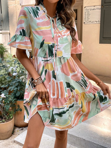 EMERY ROSE Brush Print Flounce Sleeve Ruffle Hem Smock Dress EMERY ROSE Brush Print Flounce Sleeve Ruffle Hem Smock Dress