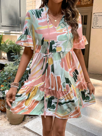 EMERY ROSE Brush Print Flounce Sleeve Ruffle Hem Smock Dress EMERY ROSE Brush Print Flounce Sleeve Ruffle Hem Smock Dress