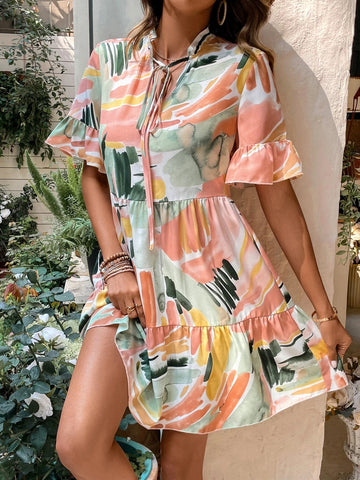 EMERY ROSE Brush Print Flounce Sleeve Ruffle Hem Smock Dress EMERY ROSE Brush Print Flounce Sleeve Ruffle Hem Smock Dress