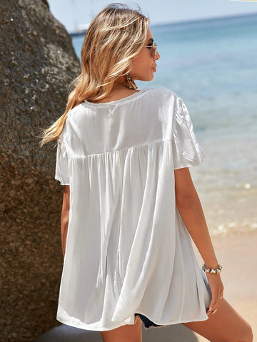 EMERY ROSE Guipure Lace Insert Tie Neck Button Front Blouse EMERY ROSE Guipure Lace Insert Tie Neck Button Front Blouse