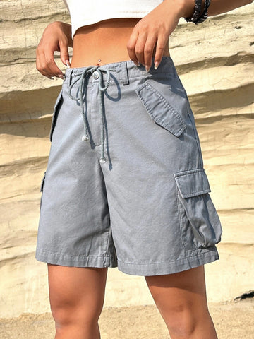 EZwear Flap Pocket Side Drawstring Waist Cargo Shorts EZwear Flap Pocket Side Drawstring Waist Cargo Shorts