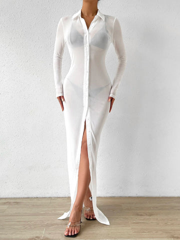 Button Through Sheer Mesh Shirt Dress Without Lingerie Set Button Through Sheer Mesh Shirt Dress Without Lingerie Set