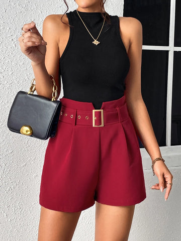 EMERY ROSE High Waist Plicated Detail Belted Shorts EMERY ROSE High Waist Plicated Detail Belted Shorts