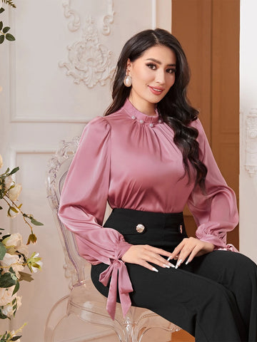 Modely Mock Neck Knot Cuff Lantern Sleeve Satin Top Modely Mock Neck Knot Cuff Lantern Sleeve Satin Top
