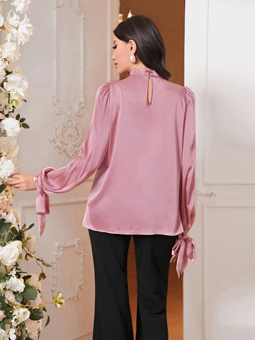 Modely Mock Neck Knot Cuff Lantern Sleeve Satin Top Modely Mock Neck Knot Cuff Lantern Sleeve Satin Top