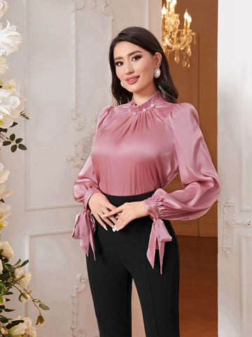 Modely Mock Neck Knot Cuff Lantern Sleeve Satin Top Modely Mock Neck Knot Cuff Lantern Sleeve Satin Top