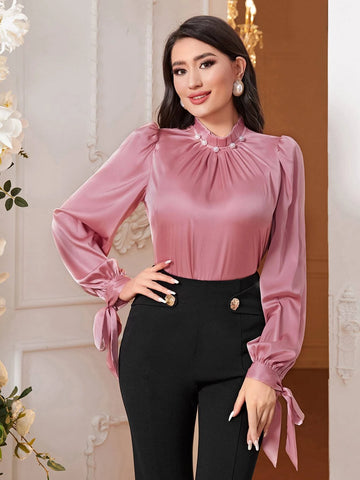 Modely Mock Neck Knot Cuff Lantern Sleeve Satin Top Modely Mock Neck Knot Cuff Lantern Sleeve Satin Top
