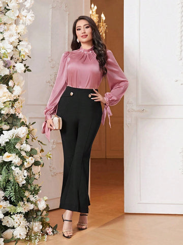 Modely Mock Neck Knot Cuff Lantern Sleeve Satin Top Modely Mock Neck Knot Cuff Lantern Sleeve Satin Top