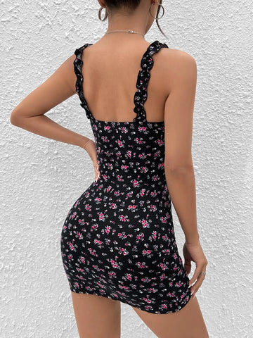 Ditsy Floral Print Tie Front Frill Trim Cami Dress Ditsy Floral Print Tie Front Frill Trim Cami Dress