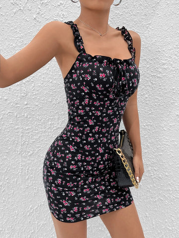 Ditsy Floral Print Tie Front Frill Trim Cami Dress Ditsy Floral Print Tie Front Frill Trim Cami Dress