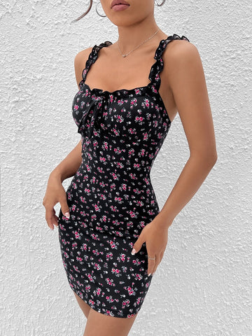 Ditsy Floral Print Tie Front Frill Trim Cami Dress Ditsy Floral Print Tie Front Frill Trim Cami Dress