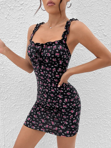 Ditsy Floral Print Tie Front Frill Trim Cami Dress Ditsy Floral Print Tie Front Frill Trim Cami Dress