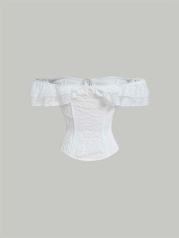 Off Shoulder Lace Trim Hook and Eye Front Blouse Off Shoulder Lace Trim Hook and Eye Front Blouse