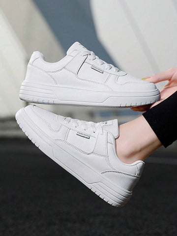 Sporty White Skate Shoes For Women, Letter Patch Decor Lace Up Sneakers Sporty White Skate Shoes For Women, Letter Patch Decor Lace Up Sneakers