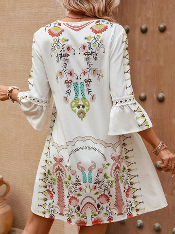 EMERY ROSE Floral Print V Neck Flounce Sleeve Smock Dress EMERY ROSE Floral Print V Neck Flounce Sleeve Smock Dress
