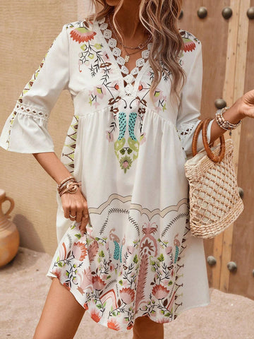 EMERY ROSE Floral Print V Neck Flounce Sleeve Smock Dress EMERY ROSE Floral Print V Neck Flounce Sleeve Smock Dress