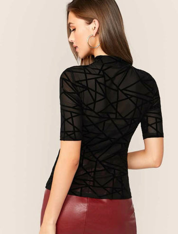 Mock Neck Mesh Overlay Geo Print Fitted Top Without Tube Mock Neck Mesh Overlay Geo Print Fitted Top Without Tube