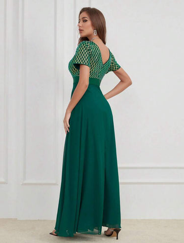LUNE Contrast Sequin Mesh Panel Chiffon Party Dress
