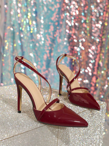Pointed Toe Stiletto Heel Casual Backstrap Women's Burgundy High Heels