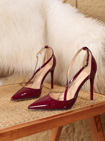 10.5cm Sexy Pointed Toe High Heels, Wine Red Glossy Ankle Strap Casual Dress Pumps For Women