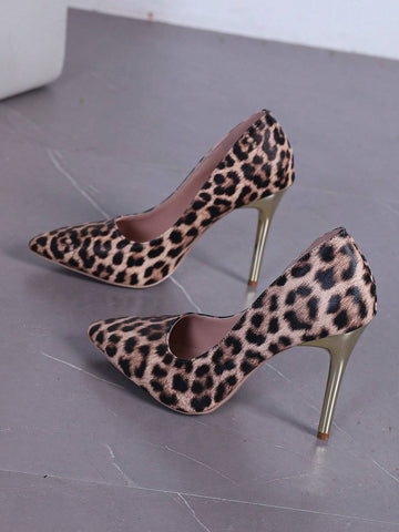 Women Leopard Print Pointed Toe High Heel Shallow Slip-On Pumps, New Spring Autumn Fashionable Sexy Stiletto