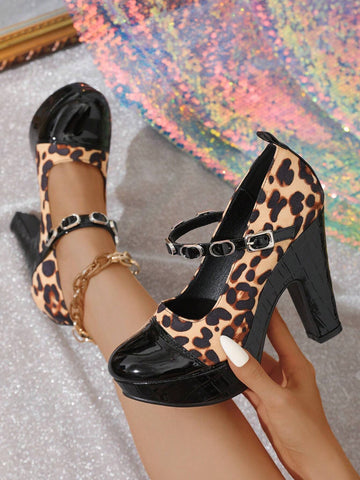Fashion Waterproof Platform Thick Heel Leopard Print Casual Shoes For Women,
