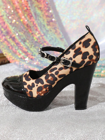 Fashion Waterproof Platform Thick Heel Leopard Print Casual Shoes For Women,