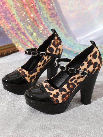Fashion Waterproof Platform Thick Heel Leopard Print Casual Shoes For Women,