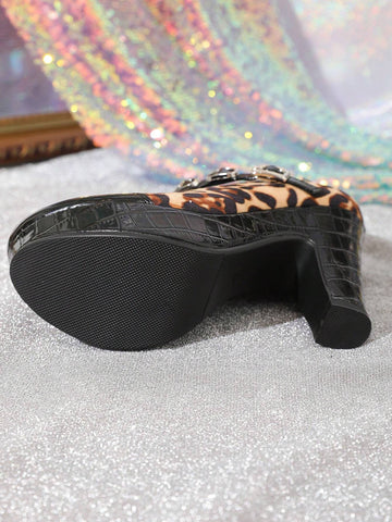 Fashion Waterproof Platform Thick Heel Leopard Print Casual Shoes For Women,
