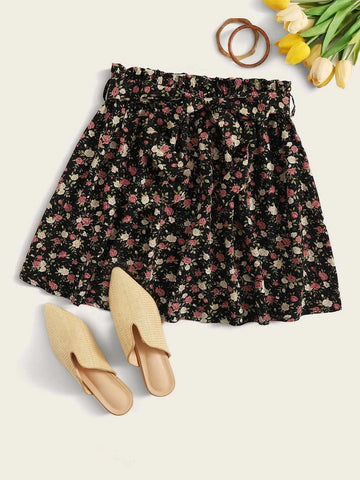 WYWH Paperbag Waist Belted Ditsy Floral Skater Skirt