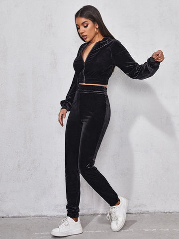 Solid Velvet Bomber Jacket & Sweatpants Set