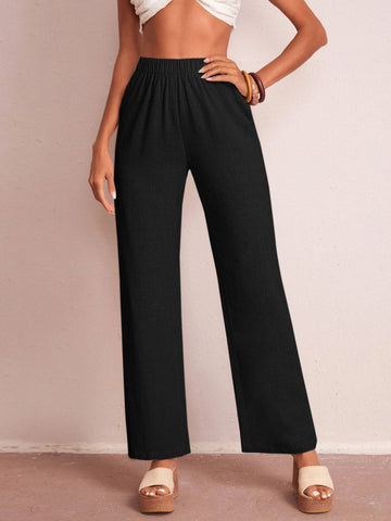 EMERY ROSE Solid Elastic Waist Wide Leg Pants