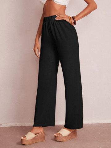 EMERY ROSE Solid Elastic Waist Wide Leg Pants