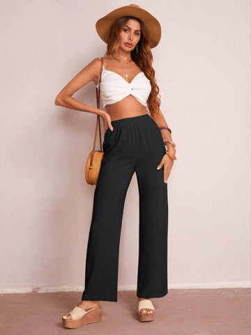 EMERY ROSE Solid Elastic Waist Wide Leg Pants