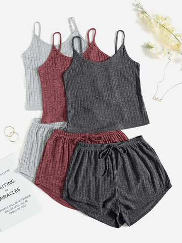 3sets Ribbed Knit Cami Top & Tie Front Shorts Lounge Set