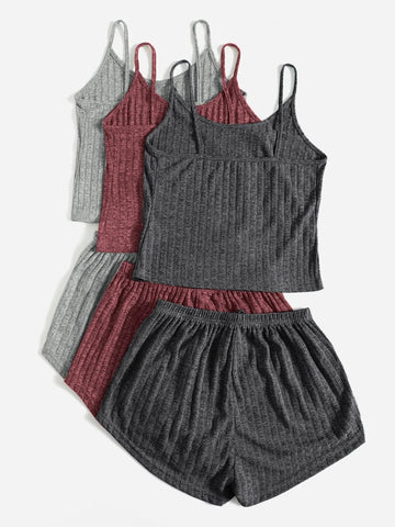 3sets Ribbed Knit Cami Top & Tie Front Shorts Lounge Set