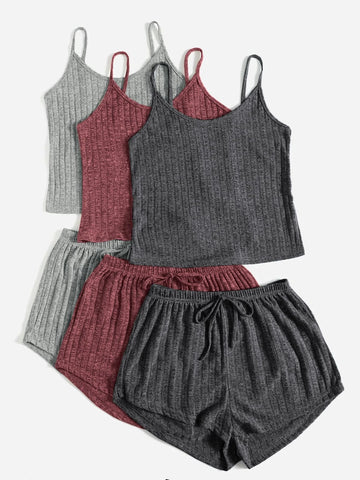 3sets Ribbed Knit Cami Top & Tie Front Shorts Lounge Set