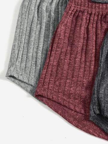 3sets Ribbed Knit Cami Top & Tie Front Shorts Lounge Set