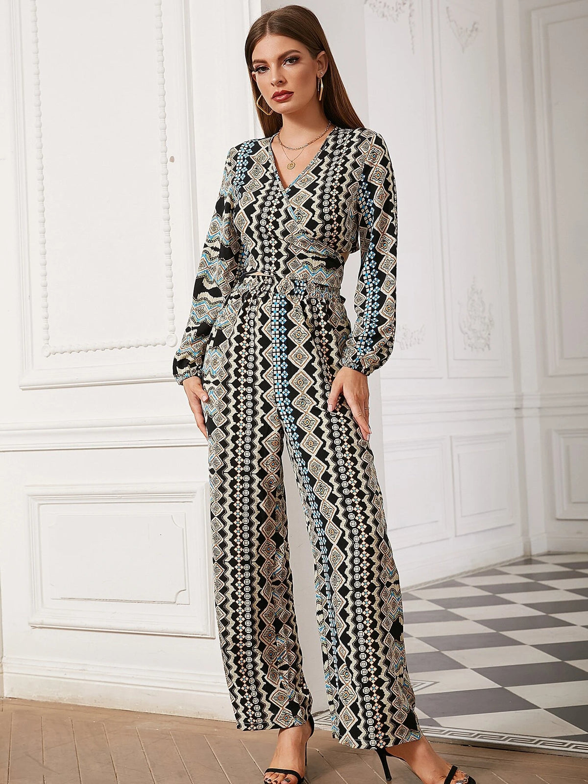 Geo Print Crop Top With Wide Leg Pants