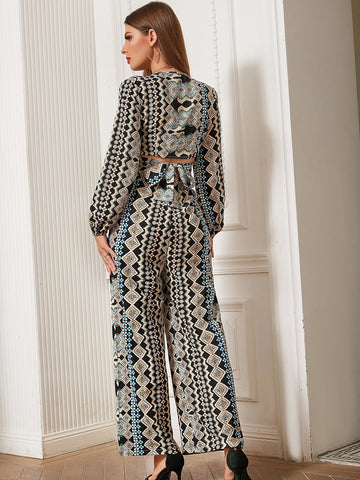 Geo Print Crop Top With Wide Leg Pants