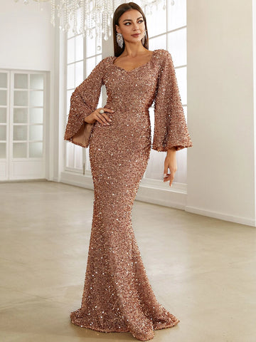 Missord Sweetheart Neck Trumpet Sleeve Floor Length Sequins Prom Dress