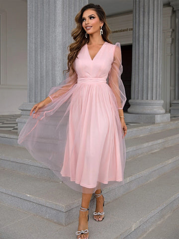 Joyfunear Lantern Sleeve Mesh Overlay Dress