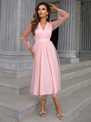 Joyfunear Lantern Sleeve Mesh Overlay Dress