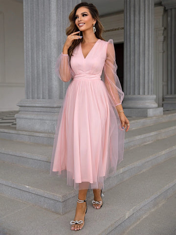 Joyfunear Lantern Sleeve Mesh Overlay Dress