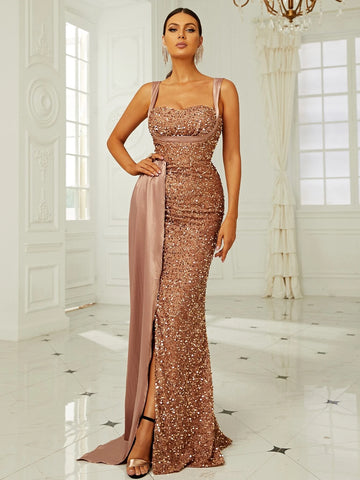 Missord Contrast Sequins Draped Side Split Thigh Cami Dress